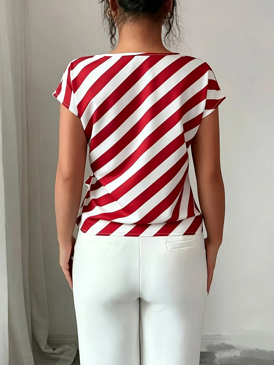 Women's Elegant Commuter High-Neck Striped Print Vacation Casual Shirt - Multicolor