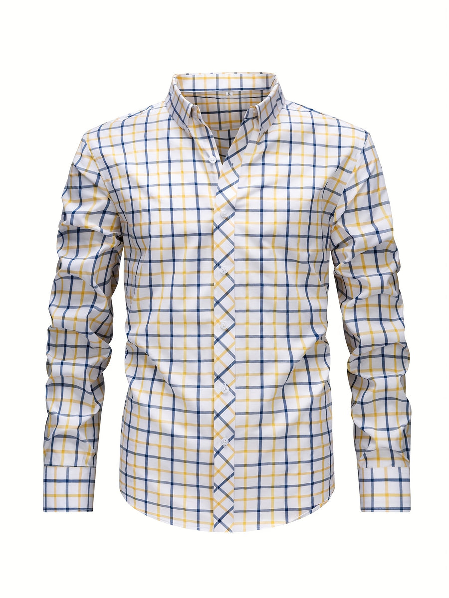 Men's Dress Shirt - Classic Checkered Pattern, Classic Notch Lapel with Button Design, Machine Washable, All-Season Regular Fit Suitable for Casual and Formal Wear - Yellow And Blue Plaid