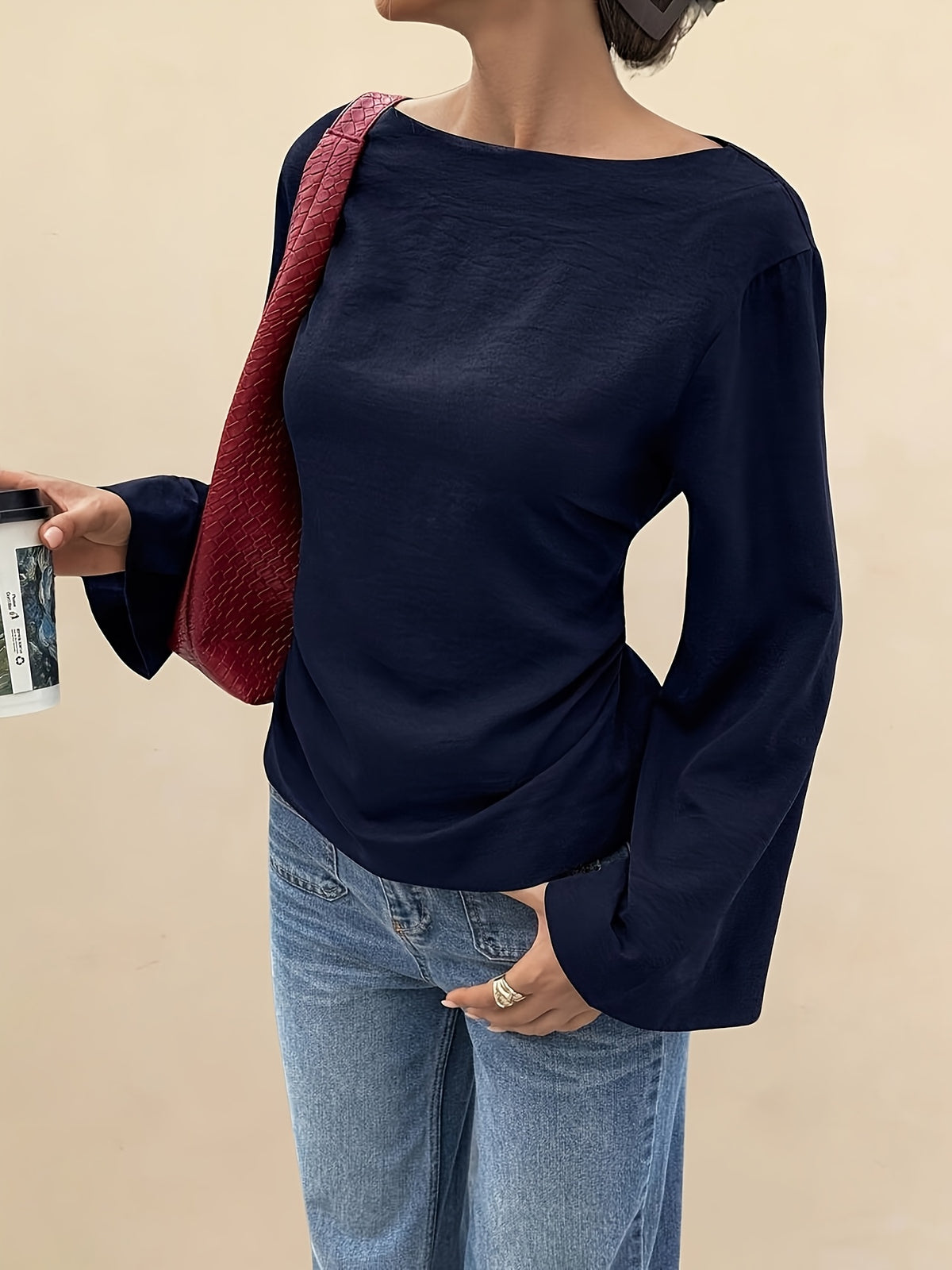 Women'S Solid Back Tie Flared Sleeve Blouse - Blue Navy