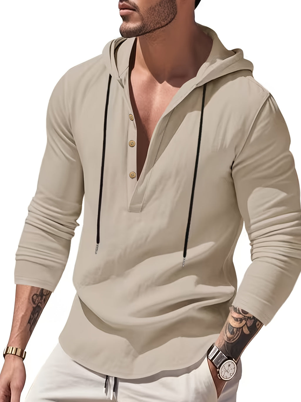 Spring Summer Men'S Linen Color-Block Drawstring Hooded Half-Button Retro Button Long Sleeve Henley Shirt Cuffs Can Be Rolled Loose Thin Breathable Pullover Top Beach Vacation All-Match Men'S Casual Vacation Long Sleeve Top - Khaki
