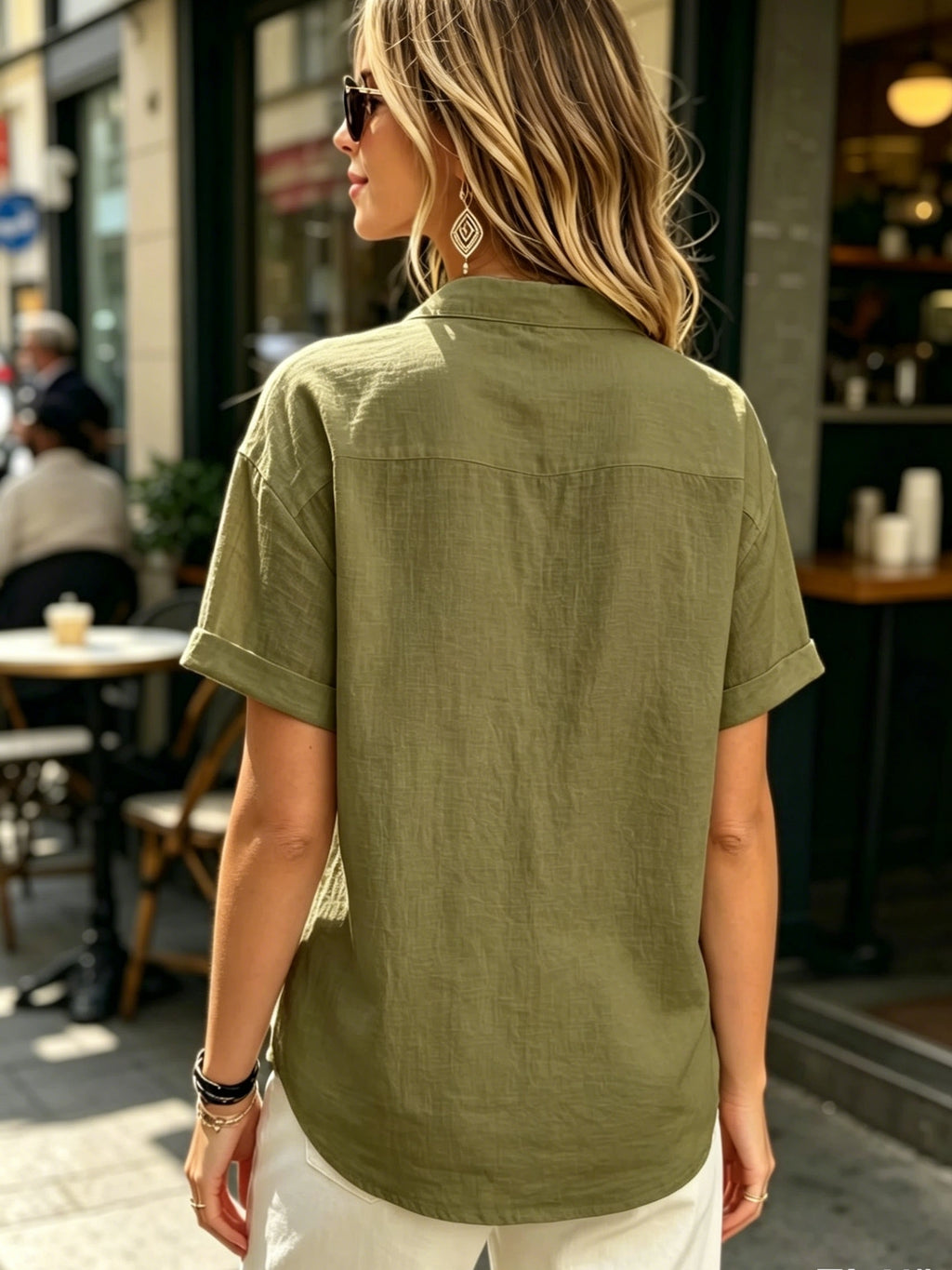 Ladies' Casual Solid Color Short Sleeve Shirt, Versatile Commuting Style Top, Loose And Comfortable, Lightweight And Breathable - Military Green
