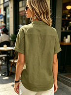 Ladies' Casual Solid Color Short Sleeve Shirt, Versatile Commuting Style Top, Loose And Comfortable, Lightweight And Breathable - Military Green