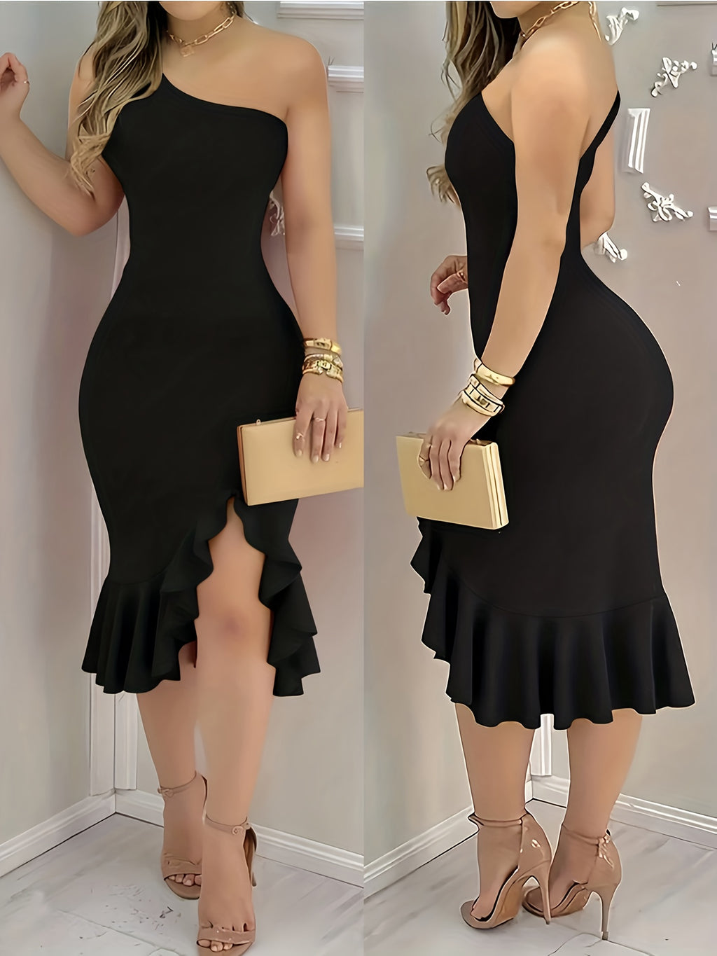 Women's Elegant Slim-Fit Asymmetrical Neckline Midi Dress with Ruffle Hem, Solid Color Simple Fashion Style, Beautiful Dress for Festivals, Commuting, Outings, and Parties - Black