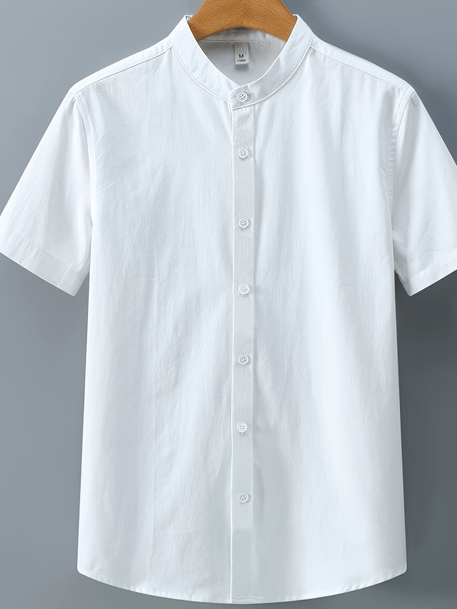 Single-piece Solid-colored Men's Short-sleeved Shirt, Classic Button-up Cardigan Style, Loose and Unrestricted, Available in Multiple Colors, Suitable for Office Wear, Casual Outings, and More. - White