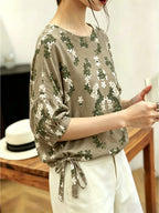 Vintage Forest-Style Floral and Botanical Print Blouse with Crew Neck, Lantern Sleeves, Side Drawstrings, Loose Fit, Effect, Five-Quarter Sleeves for Casual Outings - Khaki