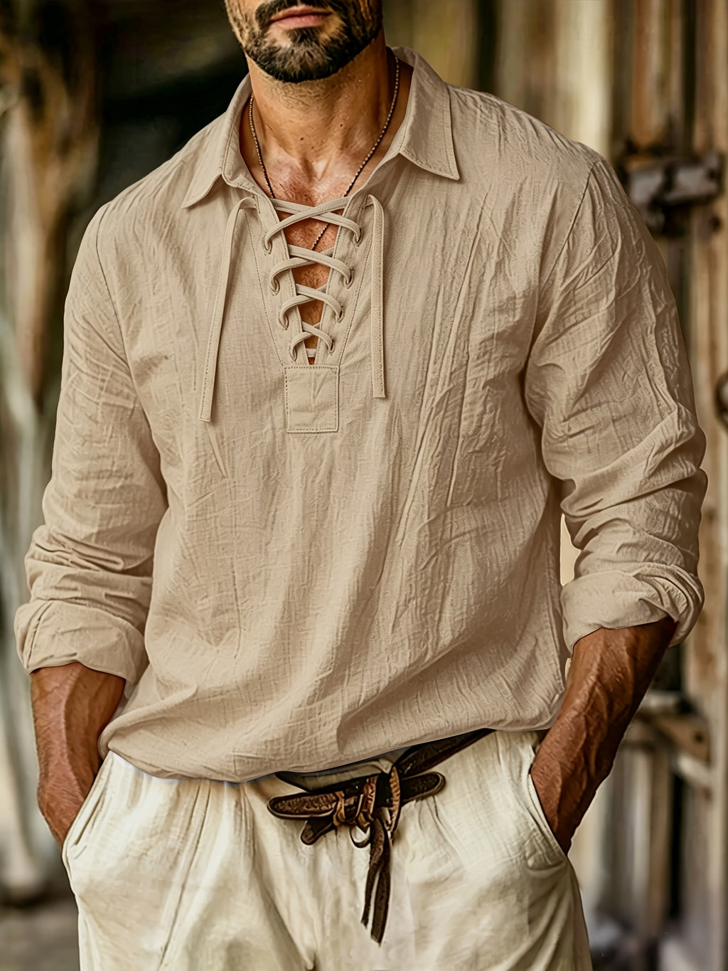 Men's Vintage Lace-Up Lapel Long-Sleeve Linen Shirt Casual Pullover Textured Shirt - Khaki