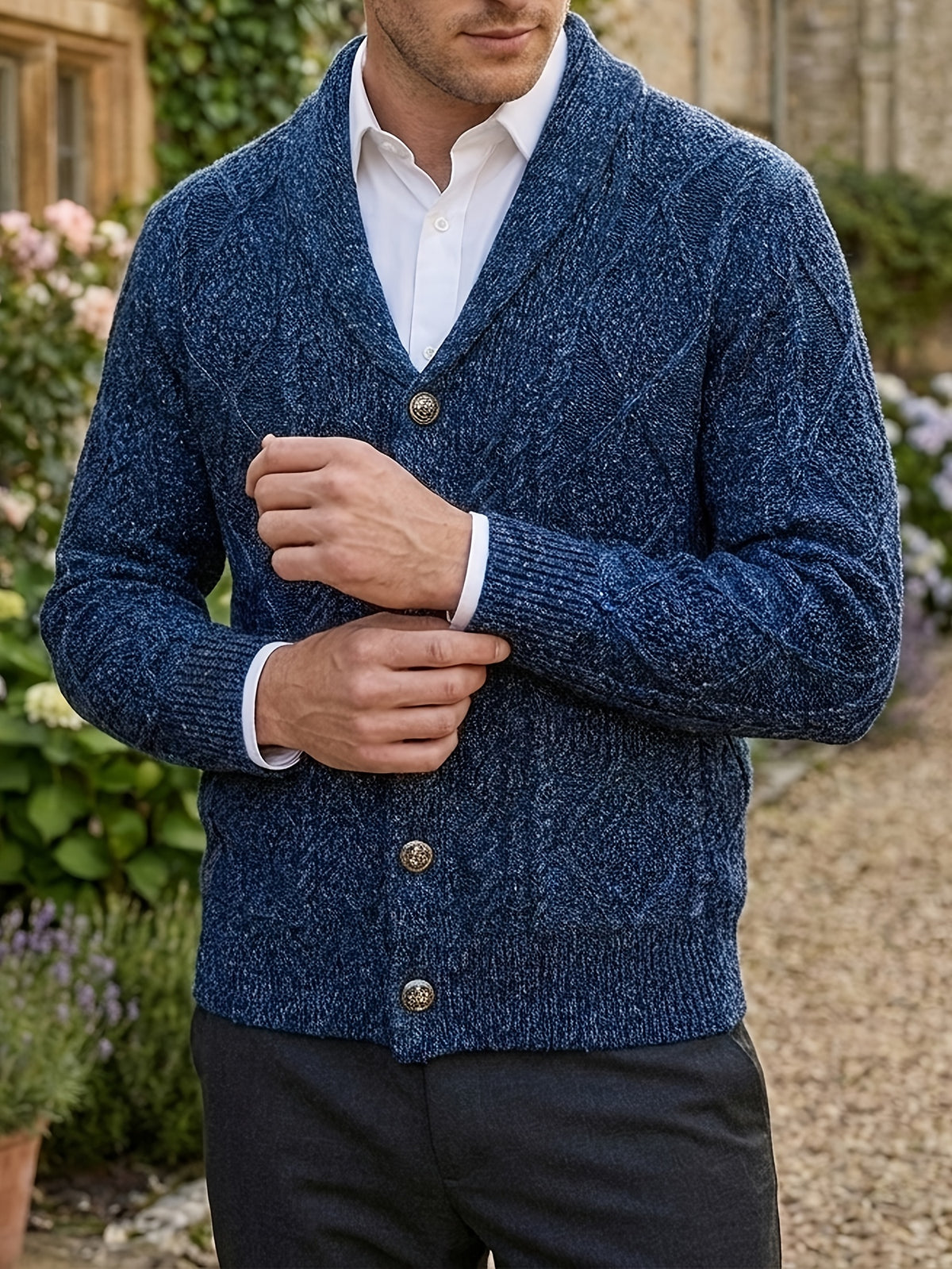 Men's Knitted Cardigan Button-Up Knit Outerwear, Fashionable Casual Sporty Knitted Long-Sleeve Autumn/Winter Thickened Warm Knitted Garment, Cable Knit Construction, Casual Style Sweater with Button-Up Cardigan, Long Sleeves, Regular Fit - Navy Color