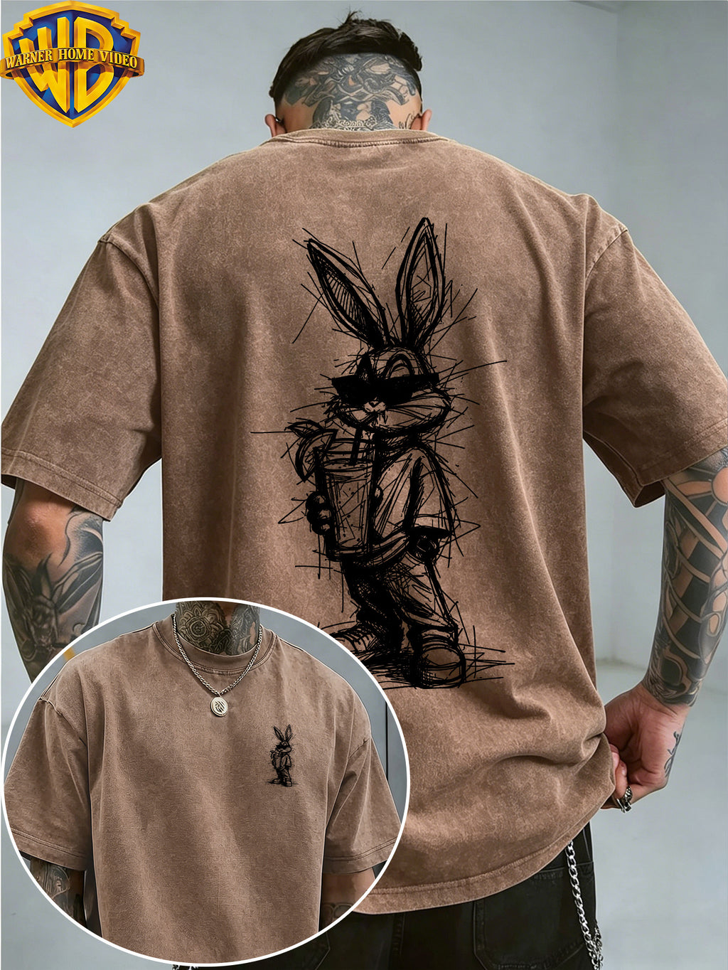 Warner Authorized WB Sunglasses Cool Rabbit Bags Beverage Quick Print Men'S Short Sleeve T-Shirt, Summer Comfortable Outdoor Top, Fashionable And Easy, Suitable for Daily Wearing, As a Friend Gathering Outfit - Coffee Color