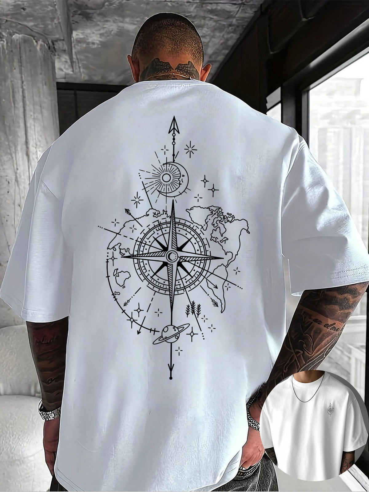 Creative Front and Back Print Round Neck T-Shirt, Pure Cotton Summer Fashion Short Sleeve Top for Casual Daily Style Essential Outing Gift Choice - White