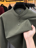 Men's Long-Sleeve T-Shirt with Chinese-Style Stand-Up Collar and Three Buttons, Spring/Autumn Fit Style Casual Base Layer Top - Military Green
