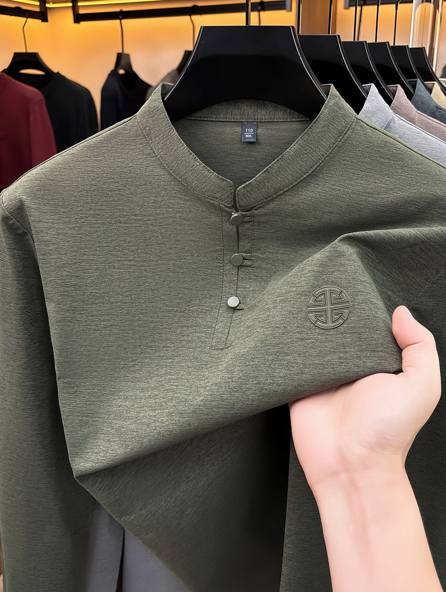 Men's Long-Sleeve T-Shirt with Chinese-Style Stand-Up Collar and Three Buttons, Spring/Autumn Fit Style Casual Base Layer Top - Military Green