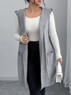 Hezi Xiao New Autumn/Winter Mid-Length Hooded Cardigan Vest Sleeveless Outerwear - Space Gray