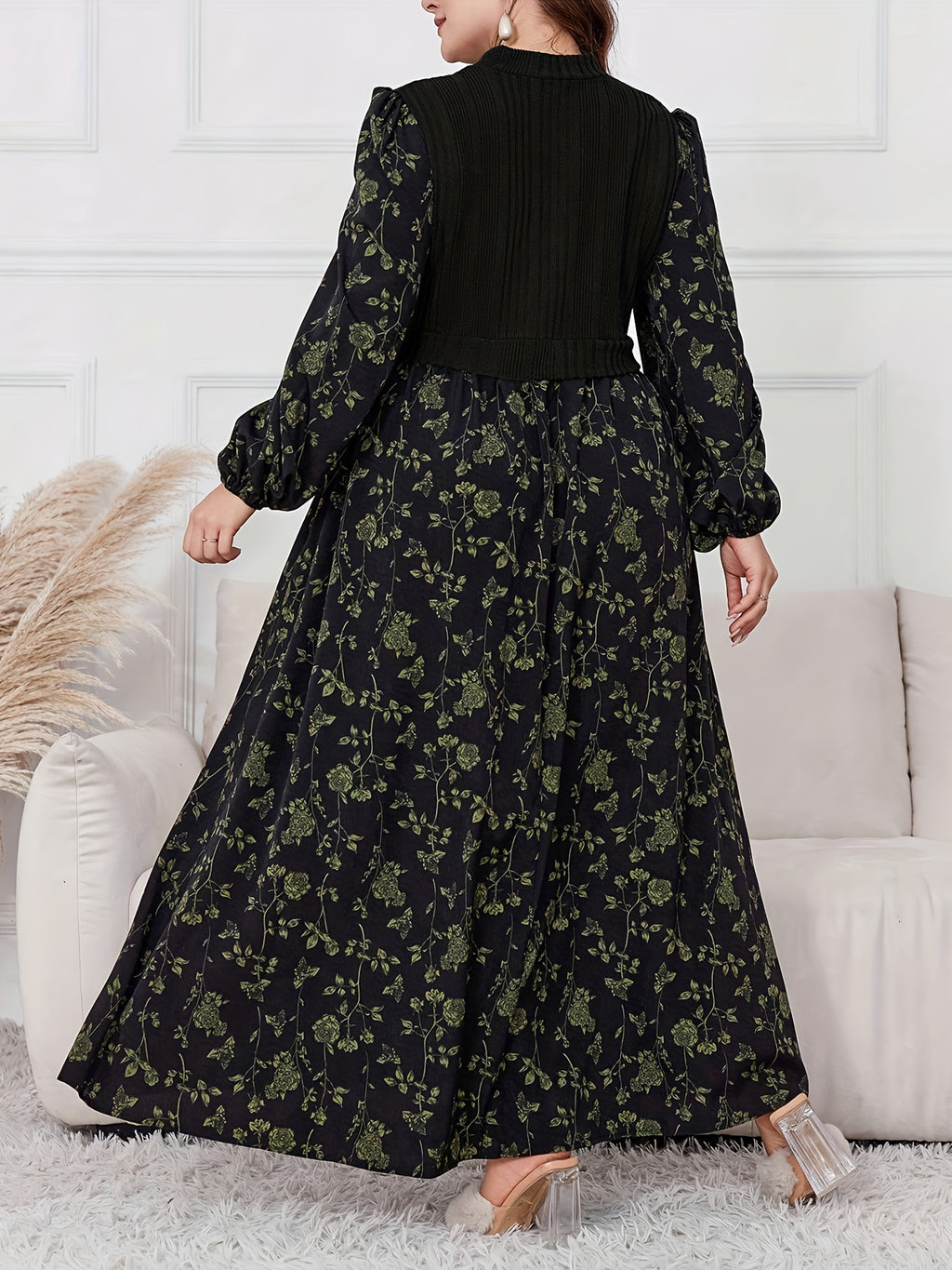 Plus Size - Plus Size - 2025 New Patchwork Fabric Design Floral Print Long Lantern Sleeves Small Stand-Up Collar Waist Slim Dating Travel Elegant Large Size Women'S Dress - Multicolor