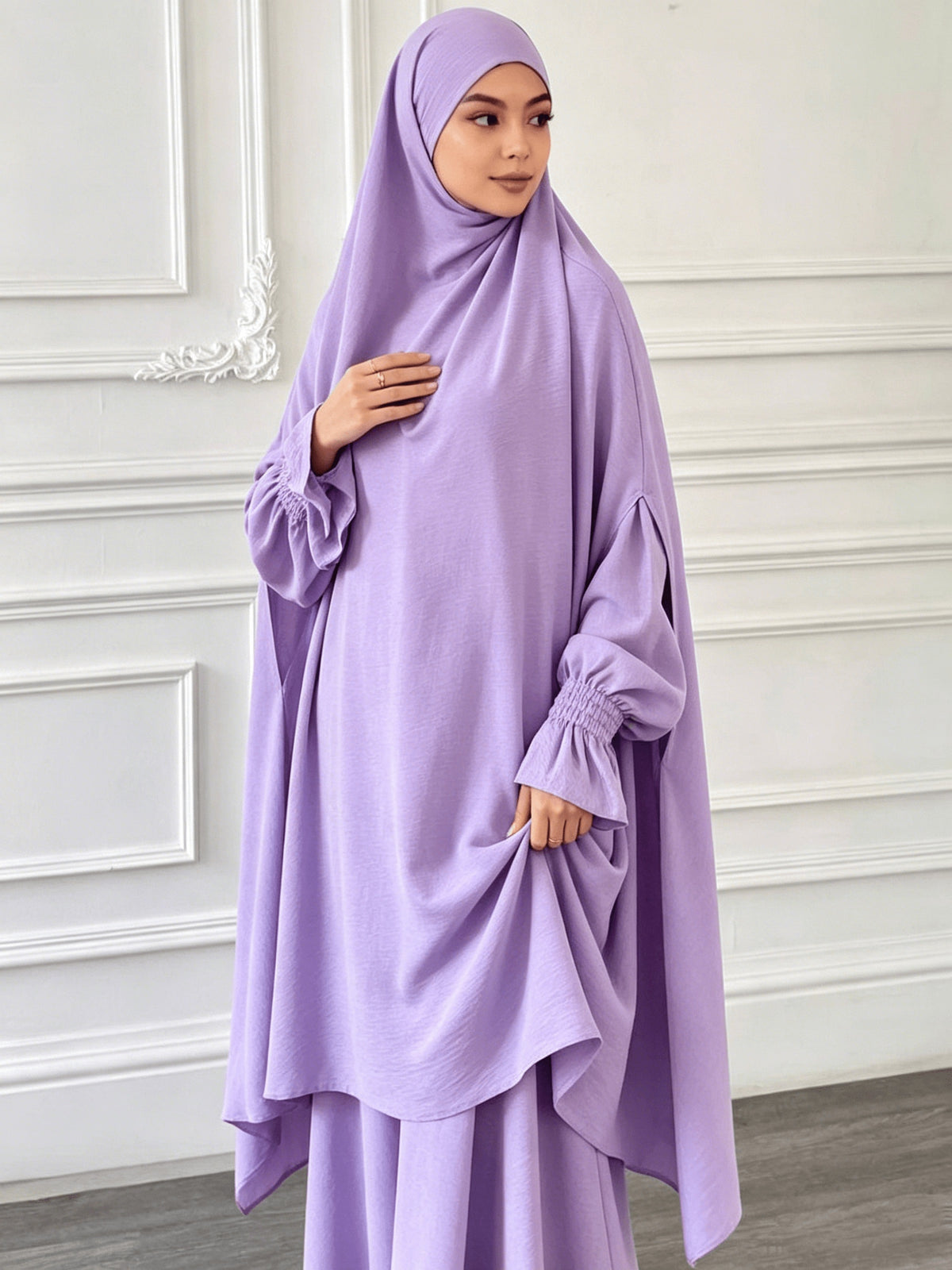 Abaya Middle Eastern Islamic Clothing Loose Comfortable Robe Headscarf with Long Sleeve Dress Two-Piece Set P403 - Violet