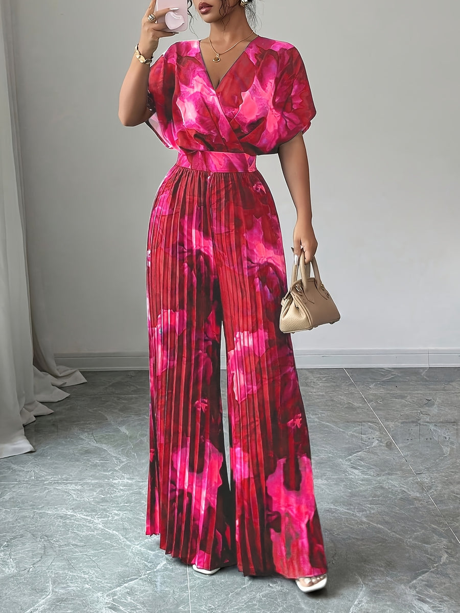Women's Spring/Summer Elegant Vacation Style Floral Print V-Neck Batwing Sleeve Pleated Wide-Leg Jumpsuit - Rose Red