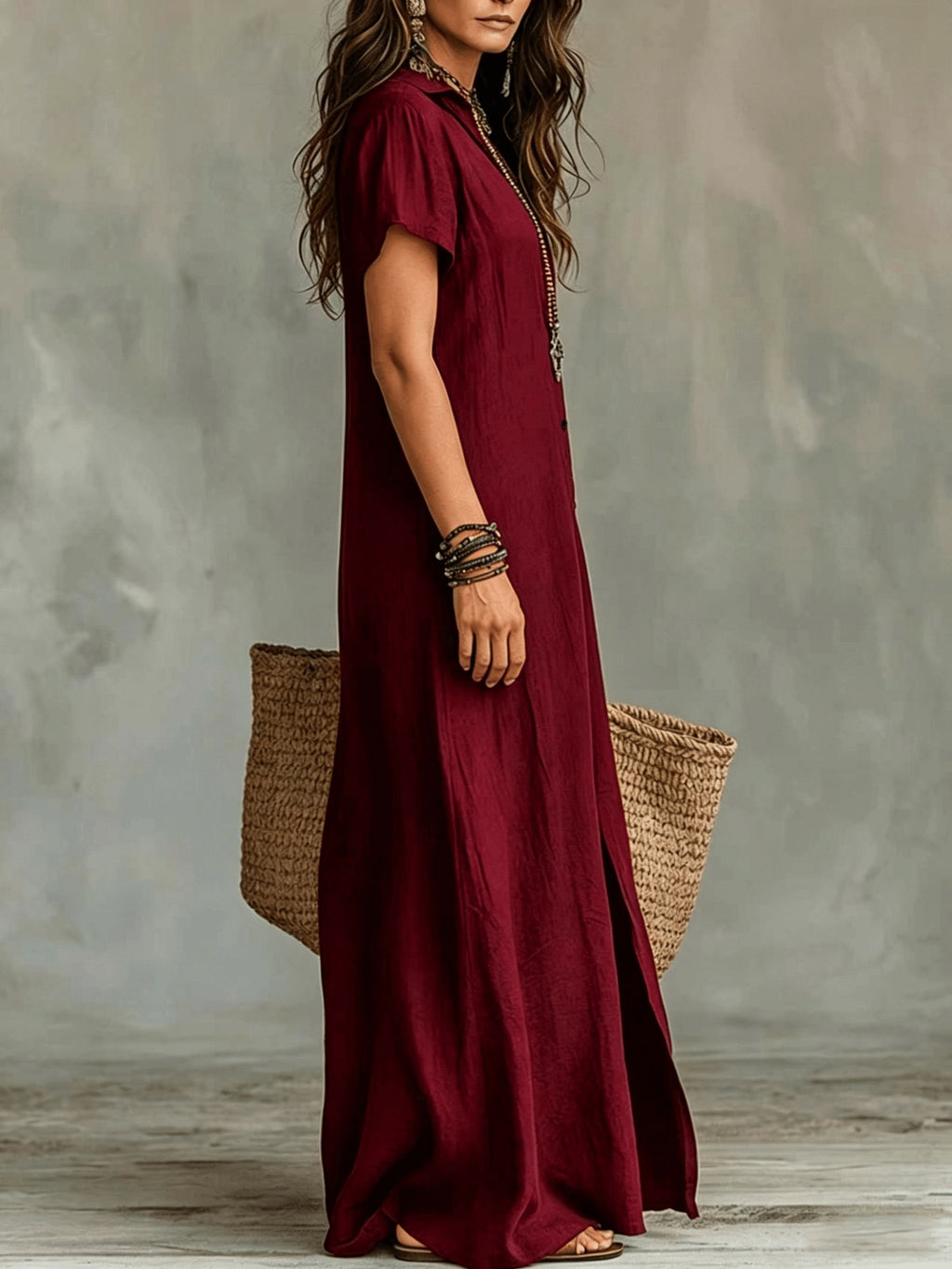 Women'S Casual Solid Color V-Neck Slit Lazy Style Shirt Dress Button Front Opening Bohemian Shirt Style Loose Long Dress - Burgundy
