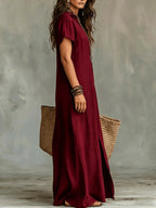 Women'S Casual Solid Color V-Neck Slit Lazy Style Shirt Dress Button Front Opening Bohemian Shirt Style Loose Long Dress - Burgundy