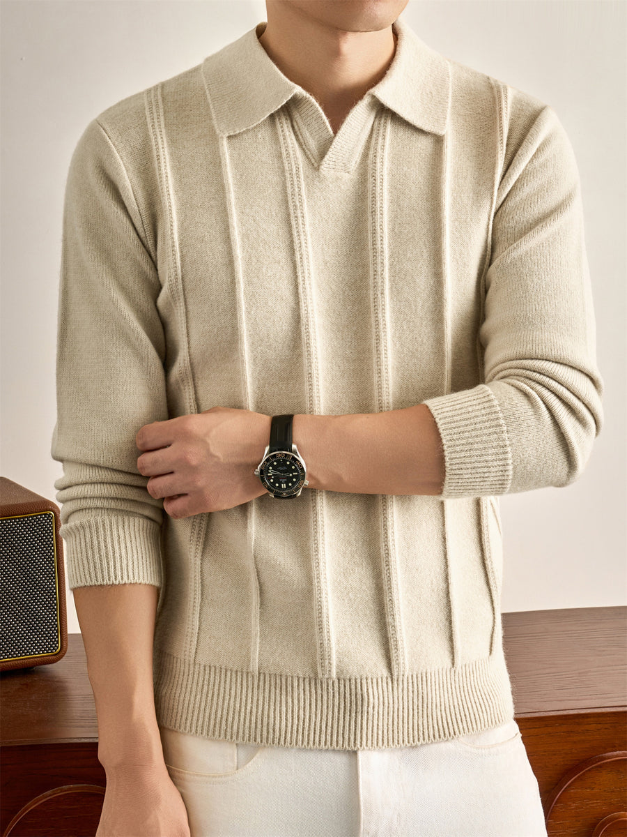 Men's Solid Color Lapel Polo Sweater - Thick Warm Knit Pullover with Lapel Collar, Long Sleeve Winter Sweater Suitable for Fall/Winter, Casual Office Wear, Basic Knitwear for Layering (Hand Washable) - Asami