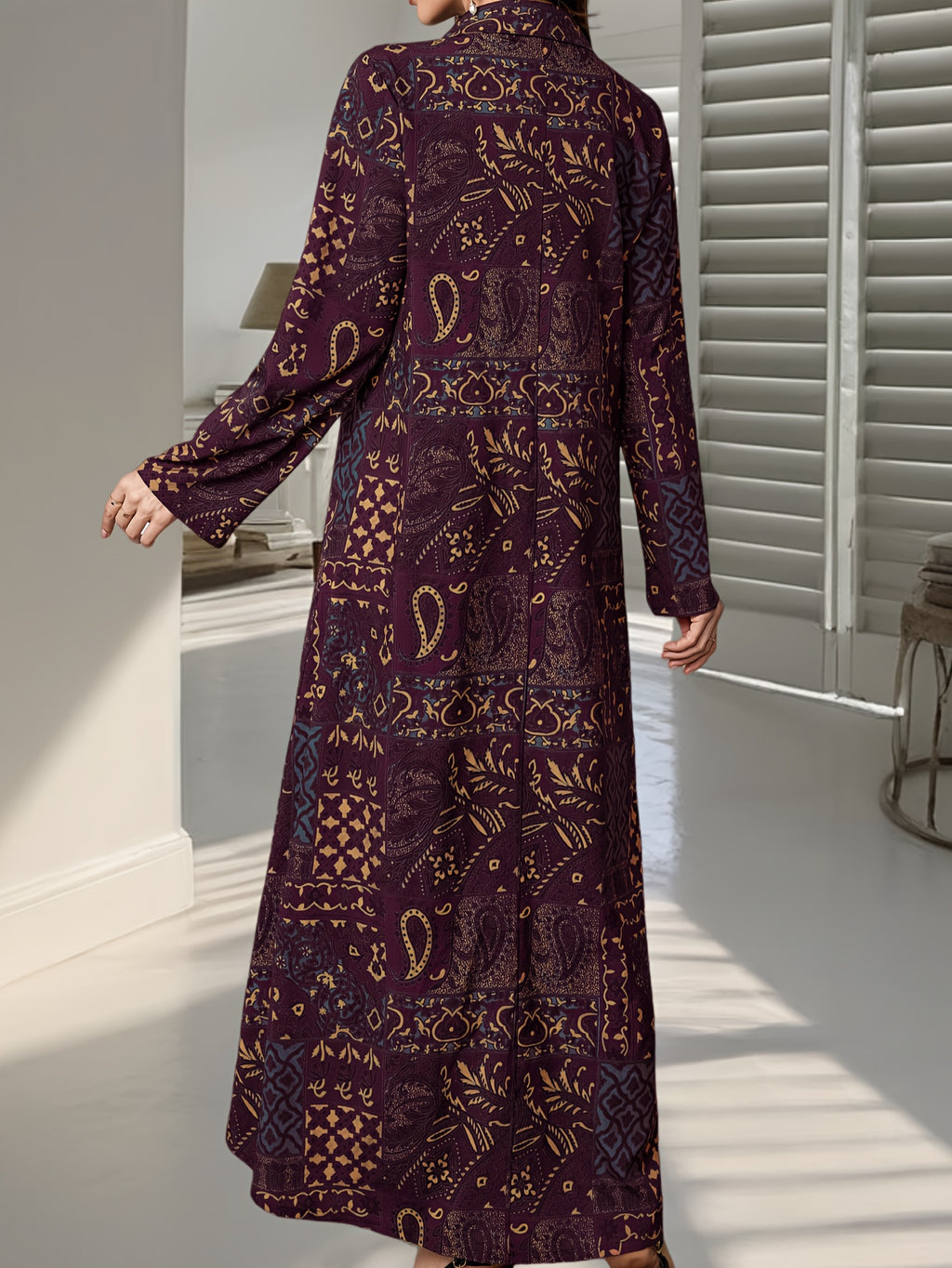 New Spring/Autumn Middle Eastern Style Elegant Women's Paisley Print Long Dress, Loose Fit Holiday Style Lapel Collar Long Sleeve Dress - Fuchsia