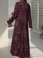 New Spring/Autumn Middle Eastern Style Elegant Women's Paisley Print Long Dress, Loose Fit Holiday Style Lapel Collar Long Sleeve Dress - Fuchsia