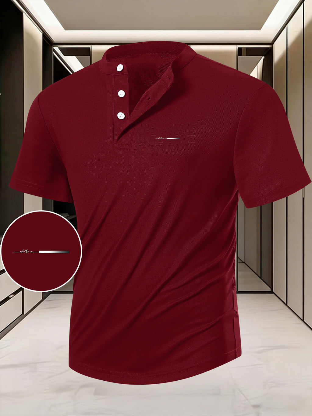 Men'S Summer Casual Short-Sleeve T-Shirt Featuring a Easy White Line Design, Breathable Round Neck with a Henley Button Front, Regular Fit Suitable for Outdoor And Everyday Wear, Men'S Short-Sleeve Henley Shirt - Burgundy