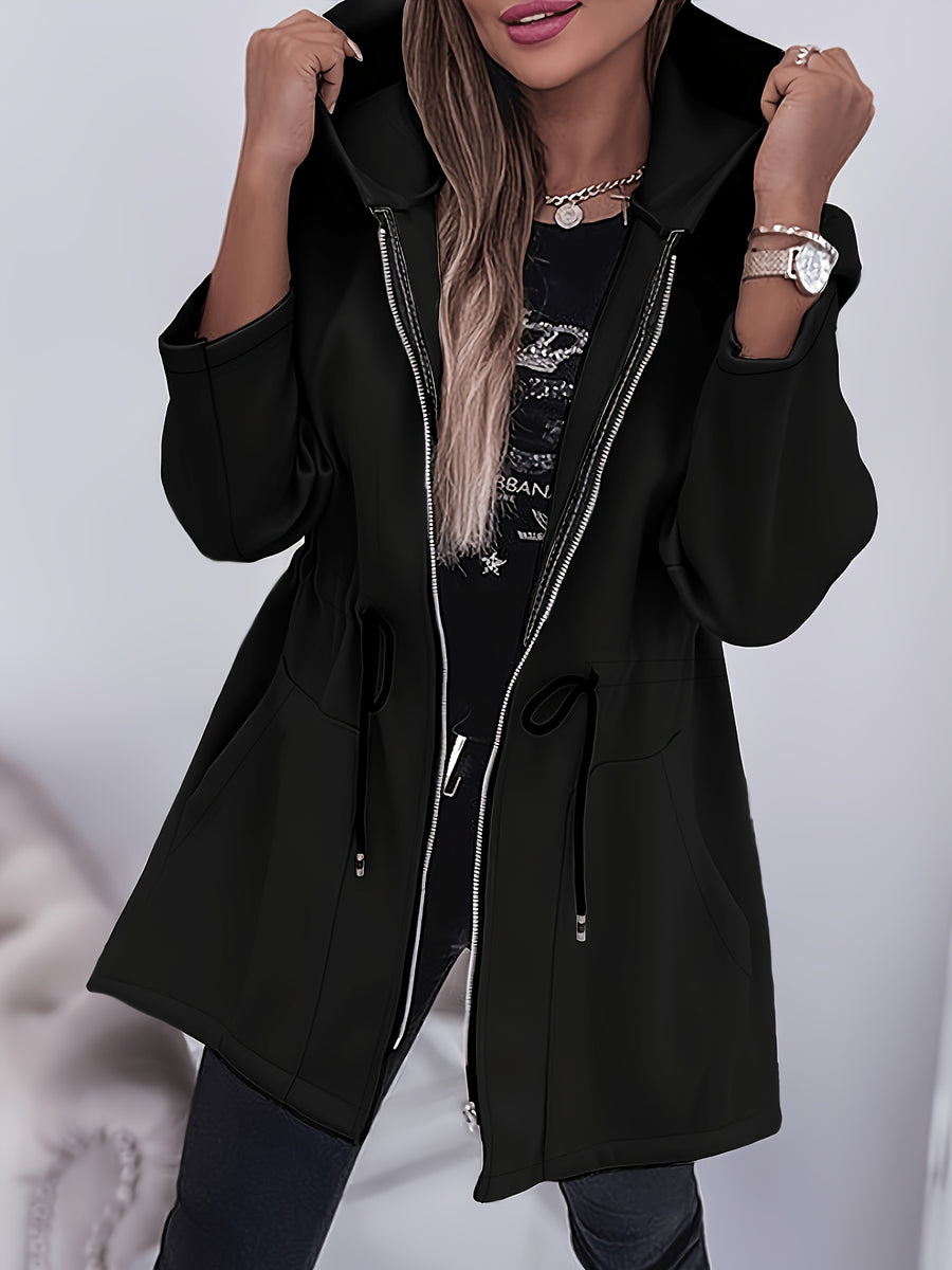Pocket Zipper Design Drawstring Hooded Coat - Black