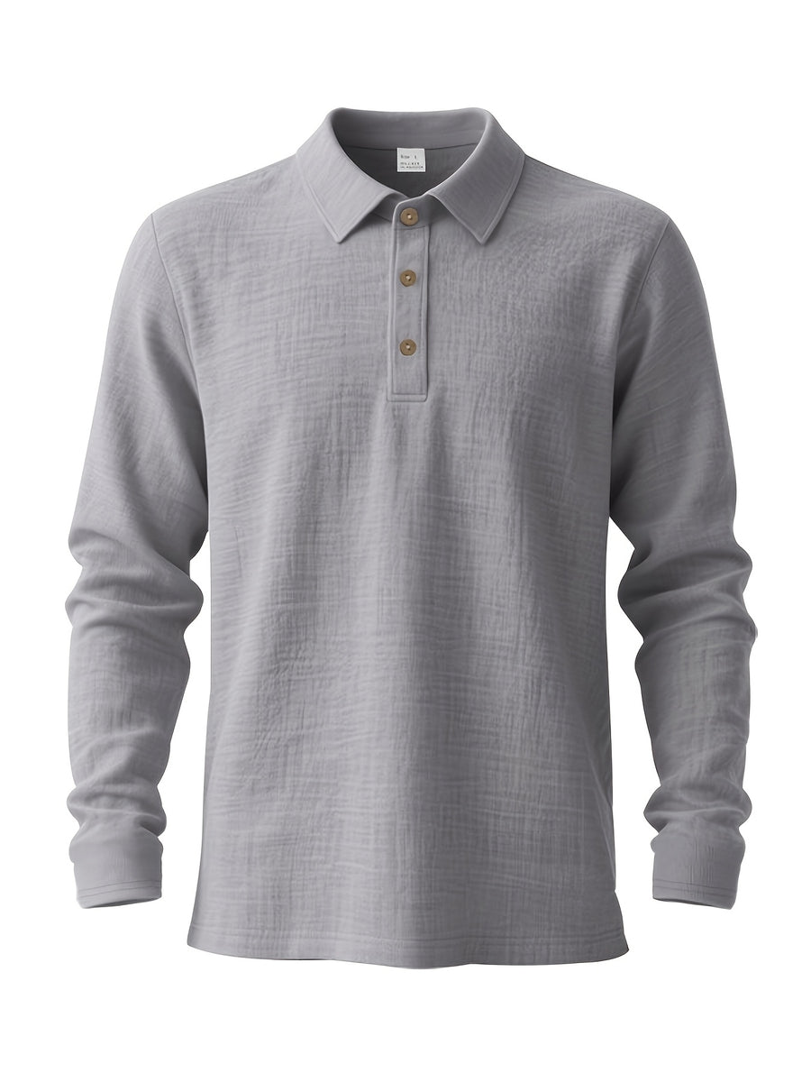 Men'S Linen Polo Shirt, Long Sleeve Casual Button-Up Top Made of Soft Natural Linen Fabric, Breathable Lightweight Construction with Relaxed Fit, Ideal Summer Clothing for Beach Vacations, Tropical Travel, Business Casual, And Leisure Style - Grey