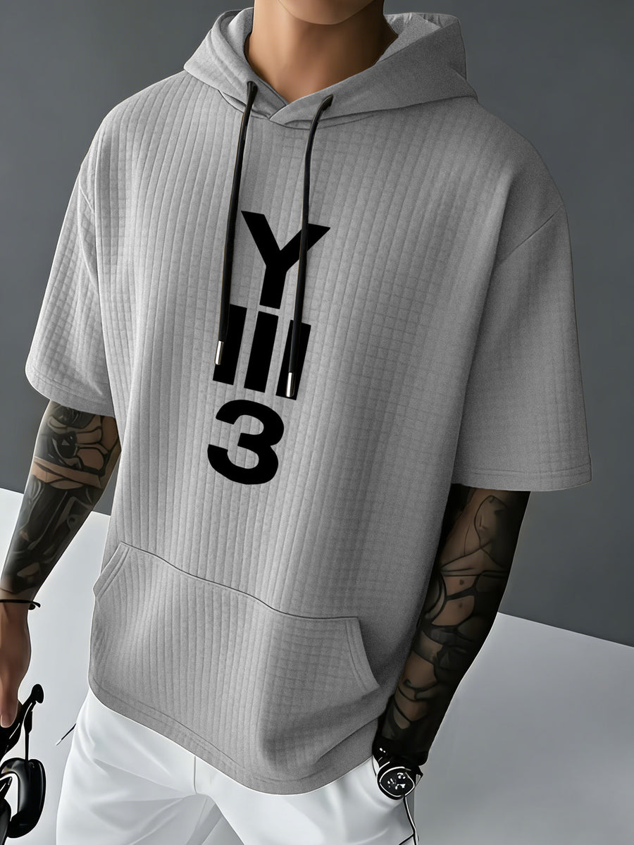 Y3 Men's Waffle Knit Short Sleeve Hooded Sweatshirt with Comfortable Print and Drawstring, Short Sleeve T-Shirt with Pocket, Summer Casual Fashion Men's Apparel, Suitable for Outings and Home Wear, Suitable for Daily and Formal Wear, Simple Summer - Grey