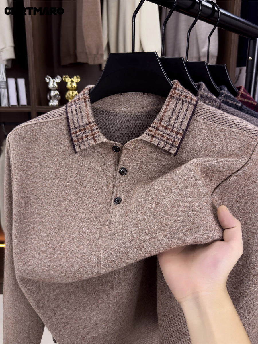Cartmaro Autumn Winter Knit 3D Solid Color Lapel Sweater, Basic Thickened Pullover Top for Men, Fashionable Long Sleeve Knitwear - Camel
