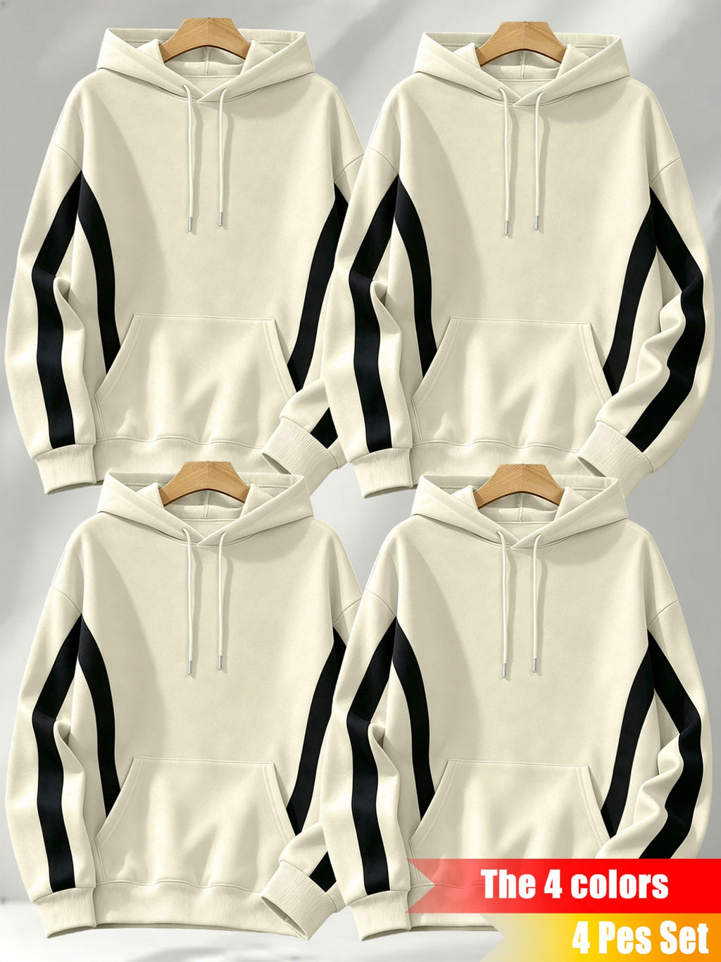 4pcs Set: Autumn/Winter Men's Street Style Pullover Hooded Sweatshirt with Diagonal Contrast Color Stripe Cutting on Sleeves, Long Sleeve Top, Adjustable Drawstring, Large Capacity Kangaroo Pocket for Storing Phone and Small Items, Skin-Friendly - Apricot + Apricot + Apricot + Apricot