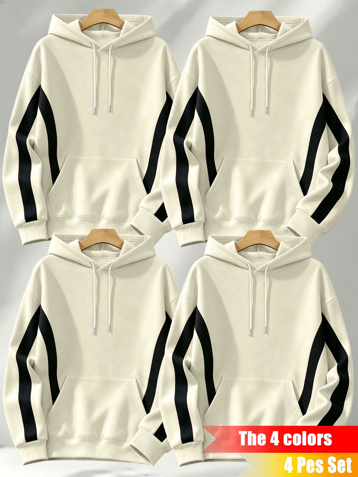 4pcs Set: Autumn/Winter Men's Street Style Pullover Hooded Sweatshirt with Diagonal Contrast Color Stripe Cutting on Sleeves, Long Sleeve Top, Adjustable Drawstring, Large Capacity Kangaroo Pocket for Storing Phone and Small Items, Skin-Friendly - Apricot + Apricot + Apricot + Apricot