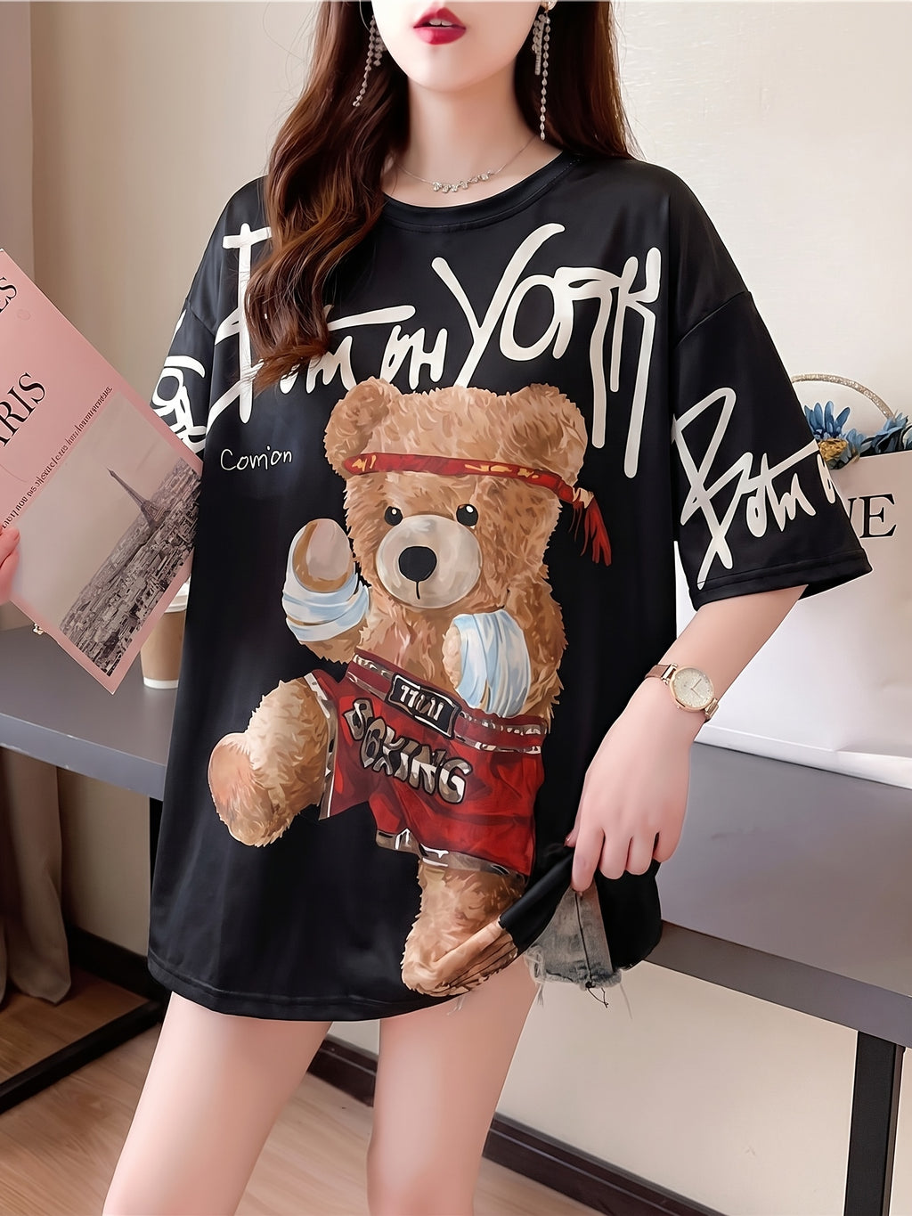 Summer New Large Size Loose Fashion Trend Slim Cartoon Round Neck Print Ladies Women'S Medium And Long Short-Sleeved T-Shirt Clothes - Black