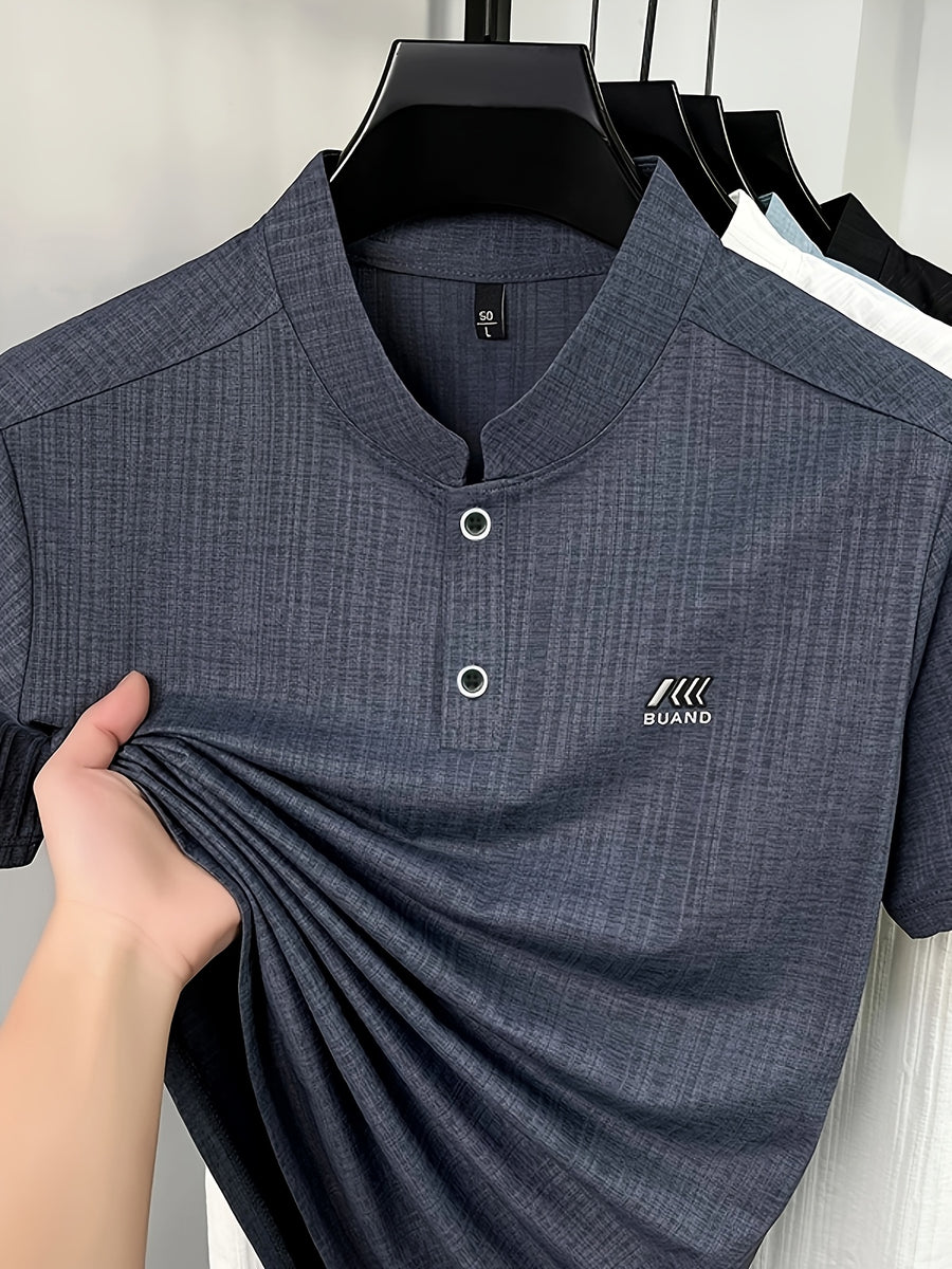 Men's Summer Short-Sleeve Henley Neck T-Shirt - Breathable Base Layer Shirt with Asymmetric Collar, Stand Collar Suitable for Business Casual Wear, Machine Washable Solid Color Top for Office, Outdoor & Daily Work Scenes - Dark Gray