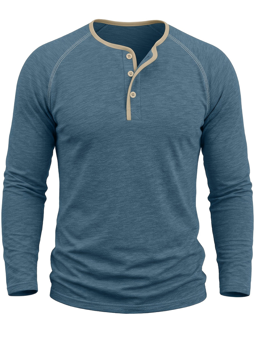 Autumn Winter Men'S Henley Shirt, Fashion Casual New Long Sleeve Men'S Top, Round Neck Button-Up Base Layer T-Shirt - Dark Blue 1