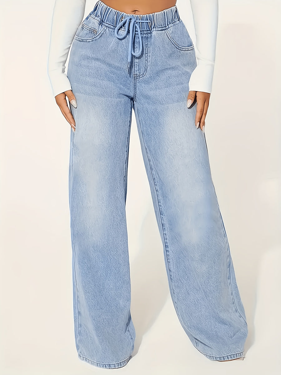 XNVJVEYG 1pc Women'S Elastic Waist Drawstring Wide Leg Jeans, Light Blue Washed Loose Fit Denim Pants, Casual High Waist Baggy Trousers with Pockets - Light Blue