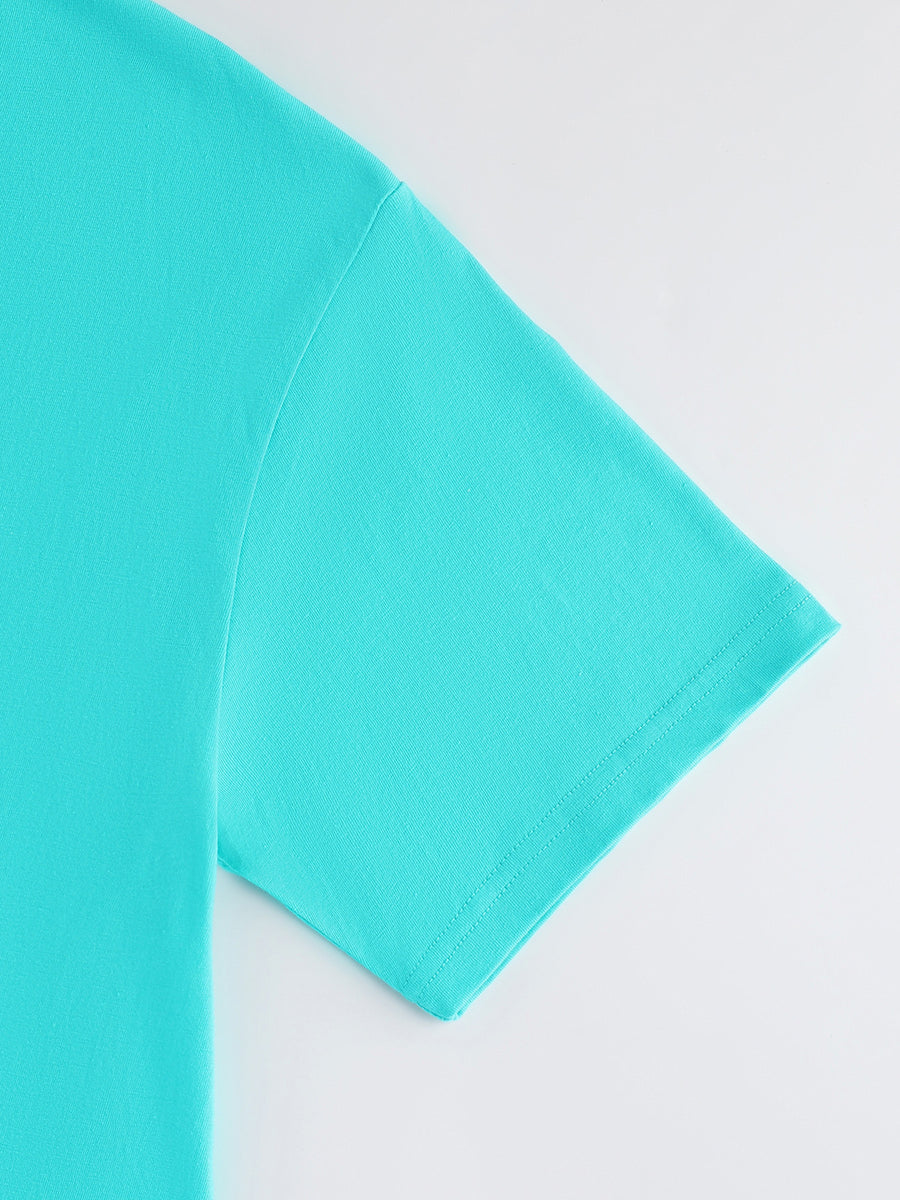 Graphic Print Drop Shoulder T-shirt, Short Sleeve Crew Neck Casual Top for Spring & Summer, Women's Clothing - Cyan