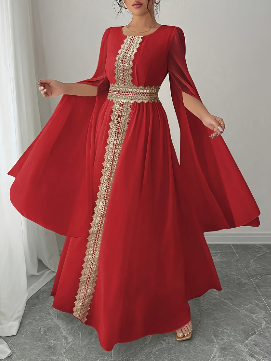 Women'S Autumn/Winter Solid Color Sequin Patchwork Tie Long Sleeve Split Chiffon Dress - Red