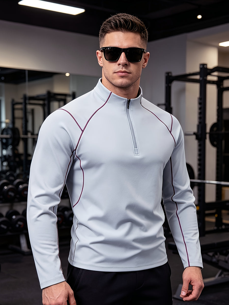Single Pc Men'S Multi-Color Elastic Sports Fabric Long Sleeve Shirt, Half-Zipper Stand Collar, Contrast Line Decoration, Drop Shoulder Structure, Easy Techwear Style, Spring/Autumn Fit Waist-Cinching Shape - Glacier Blue