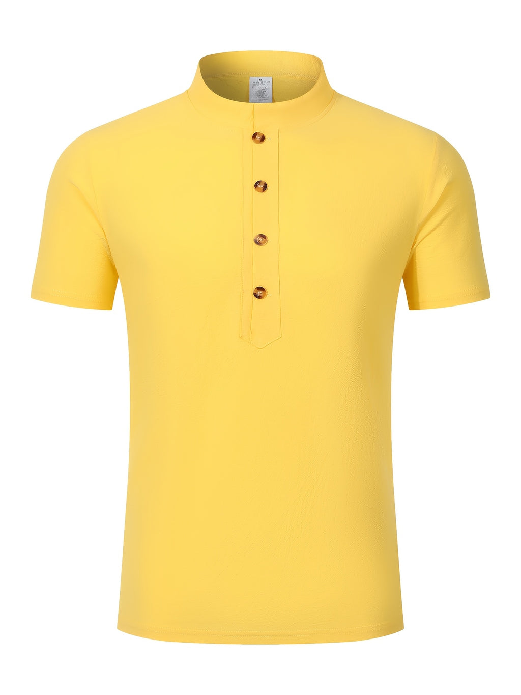 New Men's Cotton-Cotton And Linen Blend Blend Stand Collar Henley Short Sleeve T-Shirt, Half-Open Placket Button Casual Breathable Lightweight Summer Beach Top - Yellow
