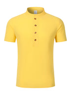 New Men's Cotton-Cotton And Linen Blend Blend Stand Collar Henley Short Sleeve T-Shirt, Half-Open Placket Button Casual Breathable Lightweight Summer Beach Top - Yellow