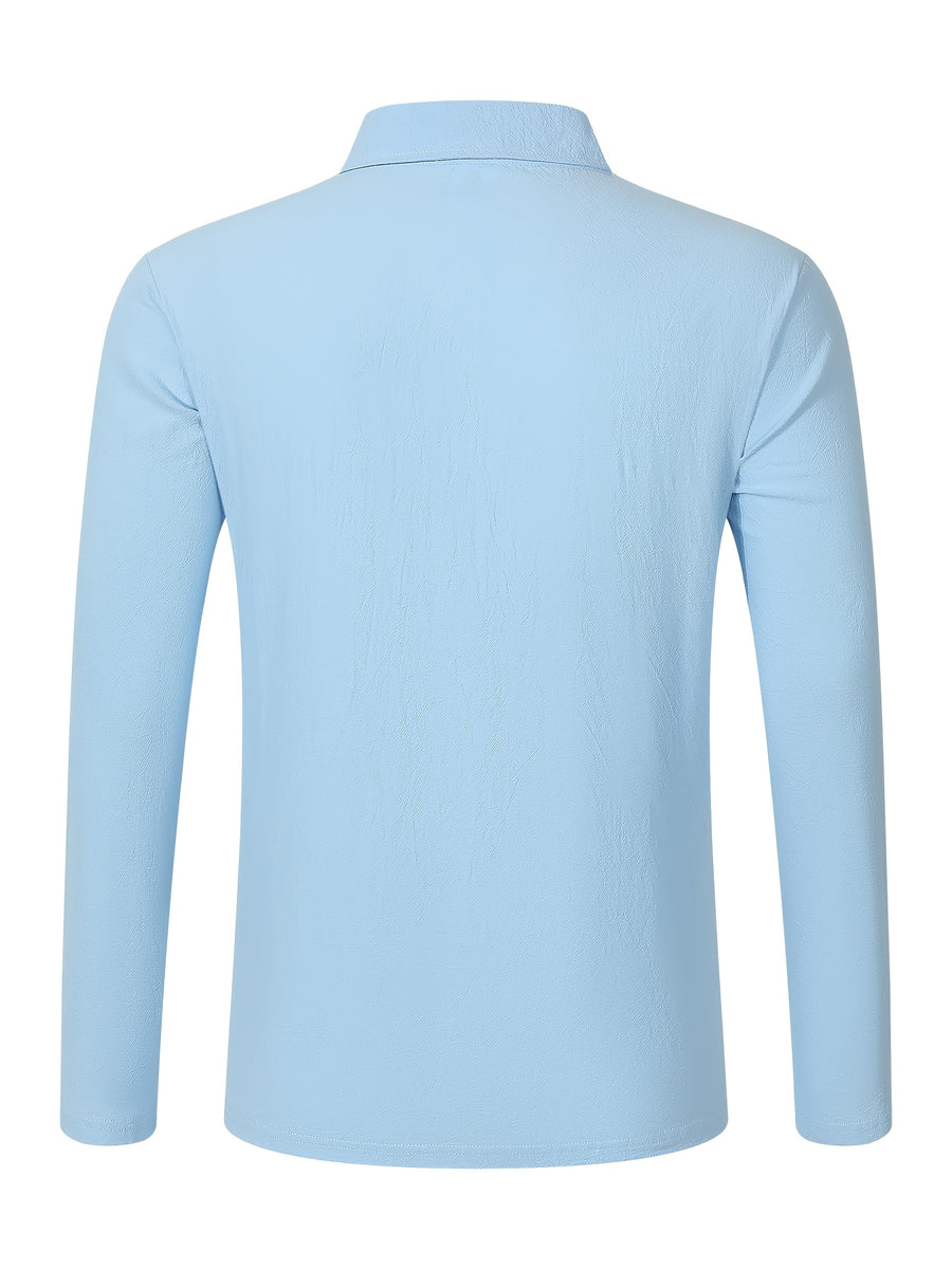 Autumn Men's Polo Shirt, Half-Button Henry Collar Long Sleeve Top with Simple Chest Pocket, Suitable for Business, Office, and Daily Wear - Blue
