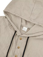 Lightweight Linen Hooded Henley Shirt with Contrast-color Drawstring and Textured Fabric, a Loose-fitting Long-sleeve Top for Daily Commutes and Seaside Outings - Khaki