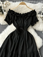 Spring/Summer French-Style Dress for Women, Solid Color, Elegant and Gentle Style, Off-Shoulder Neckline, Short Sleeves, Red Spliced Maxi Skirt, Puff Sleeves, Waist-Cinching Fairy Dress, Sweet Vacation Dress, Gavin - Black