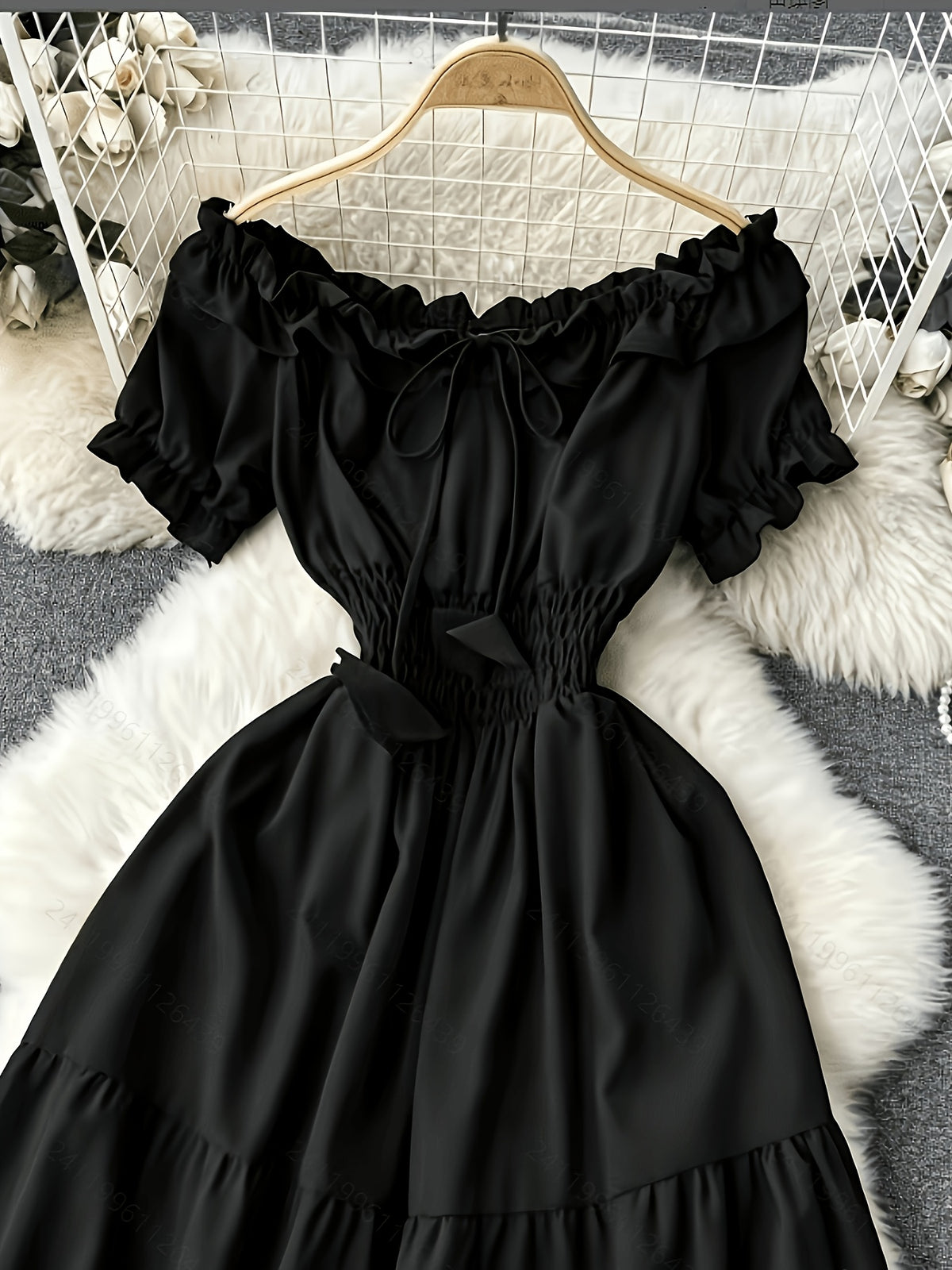 Spring/Summer French-Style Dress for Women, Solid Color, Elegant and Gentle Style, Off-Shoulder Neckline, Short Sleeves, Red Spliced Maxi Skirt, Puff Sleeves, Waist-Cinching Fairy Dress, Sweet Vacation Dress, Gavin - Black