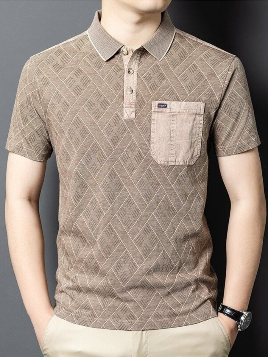 Men'S Washed Distressed Denim Style Polo Shirt, Blend Jacquard Breathable Short Sleeve Middle-Aged Dad Wear - Coffee Brown