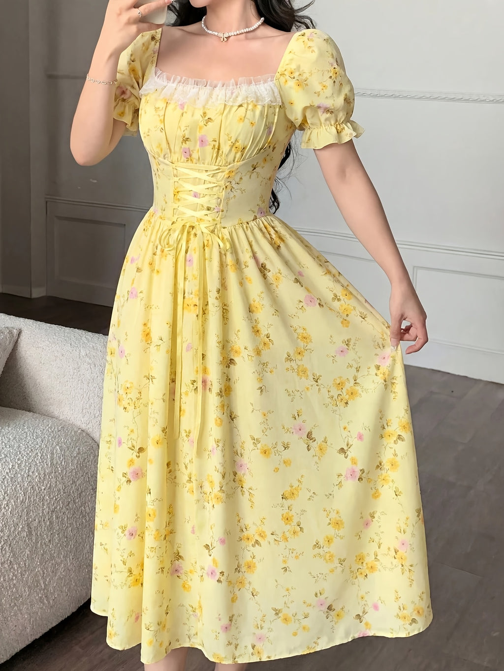 Charming Romantic Dumb Flower Patchwork Lace Collar Long Sleeve Waist-Cinching Elegant Dress, Vacation Wear, Women'S Dress - Polychrome