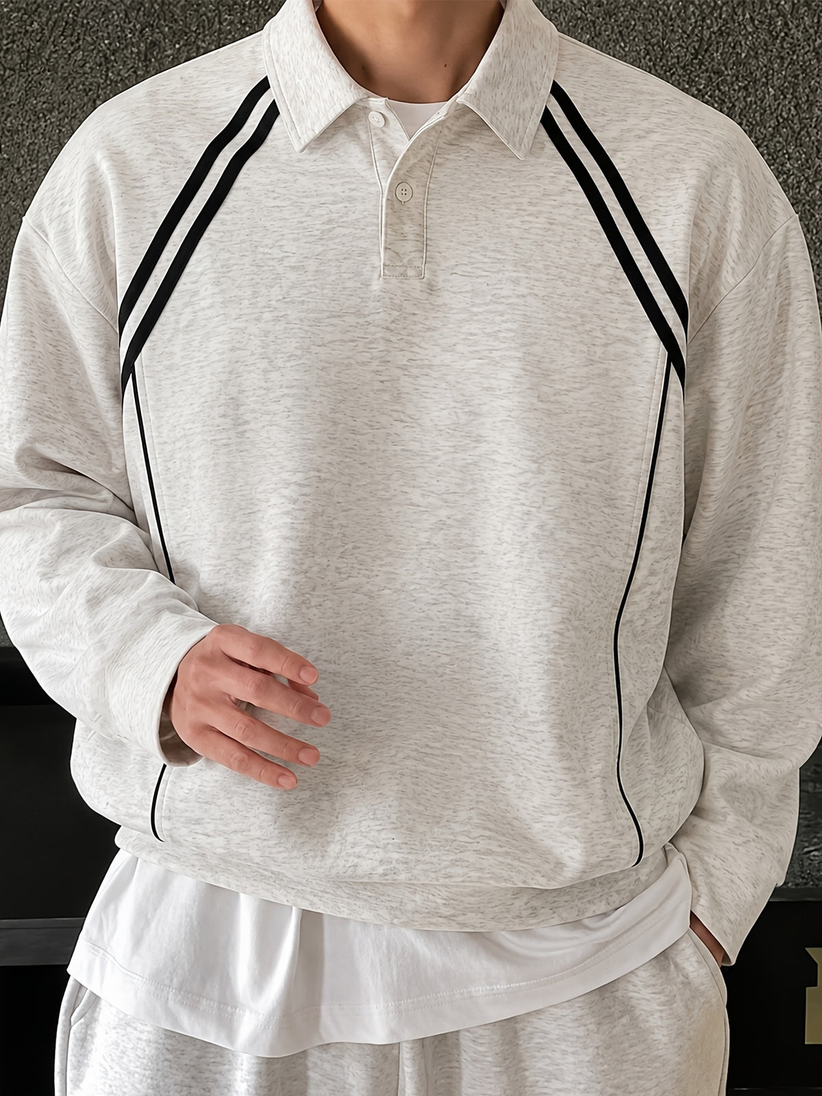 American Retro Sport Style Lapel Sweatshirt, Striped Color-Block Design Men'S Casual Loose Long Sleeve T-Shirt Pullover - Light Grey