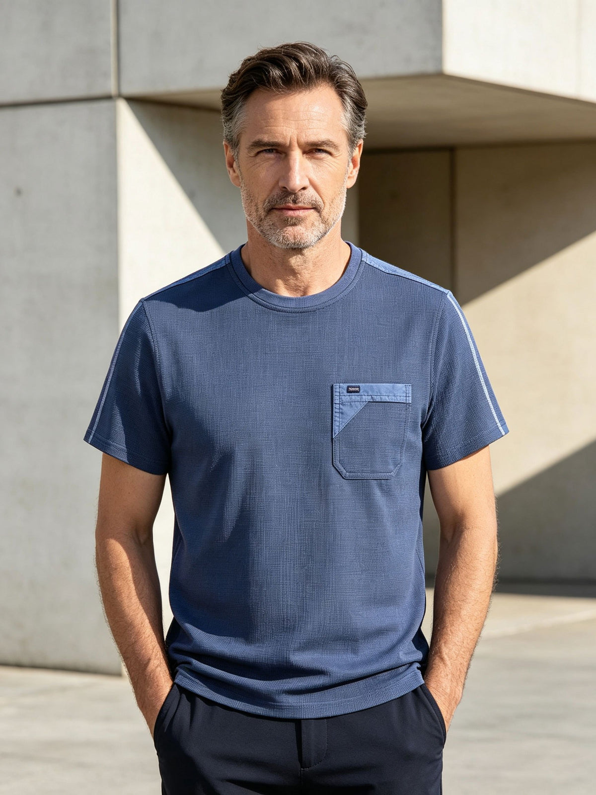 Middle-Aged And Elderly Summer American Denim Craft Washed Distressed Short Sleeve T-Shirt with Real Pockets Casual Nostalgic Retro Polo Shirt Washed Distressed Craft Faded Effect - Blue