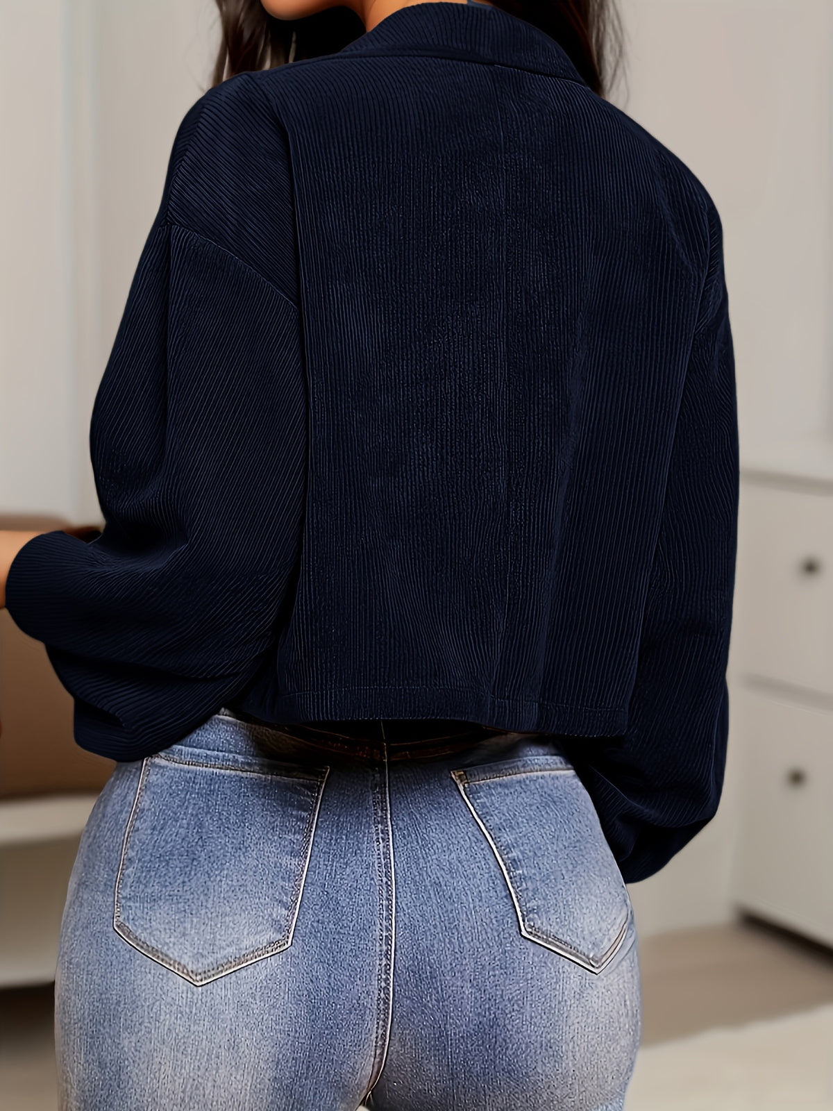 Autumn Winter New Jacquard Lapel Solid Color Coat Women'S Fashion Pinstripe Button Design Casual Jacket - Navy blue color