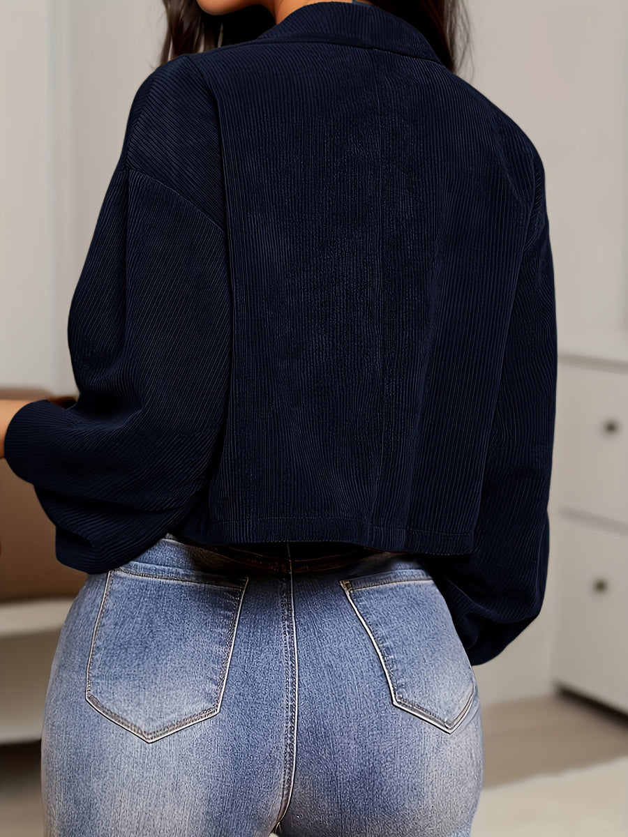 Autumn Winter New Jacquard Lapel Solid Color Coat Women'S Fashion Pinstripe Button Design Casual Jacket - Navy blue color